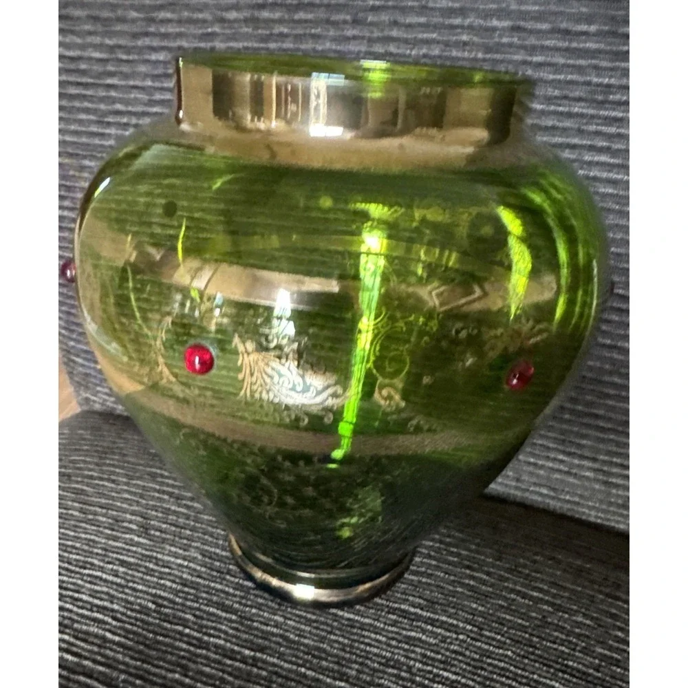Antique Bohemian Green Glass Vase Gold‎ Gilt & Red Cabochon Jeweled Art Glass 8